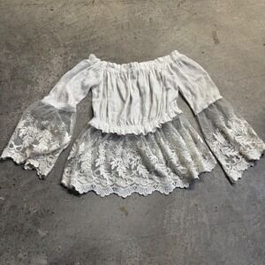 Evie Women's Off the Shoulder Lace Bell Sleeve Smocked Blouse Sz M Boho Cottage